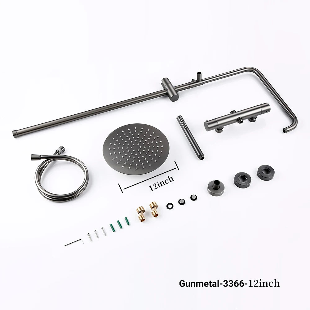 Wall-Mounted Thermostatic Valve System Bagnolux Brushed Gray Brass Rain Faucet 8 - 12" Top Spray Head Bathroom Shower Set