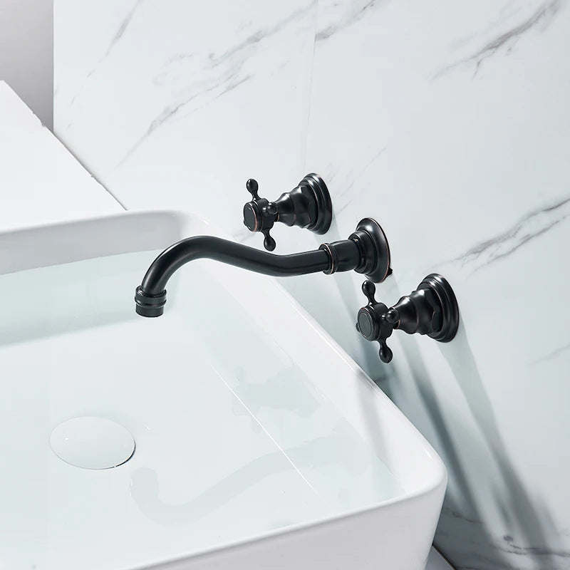 Rozin Black Basin Faucet Wall Mounted Dual Handles Bathroom Faucets Swivel Spout Antique Brass Crane Hot Cold Water Mixer Tap