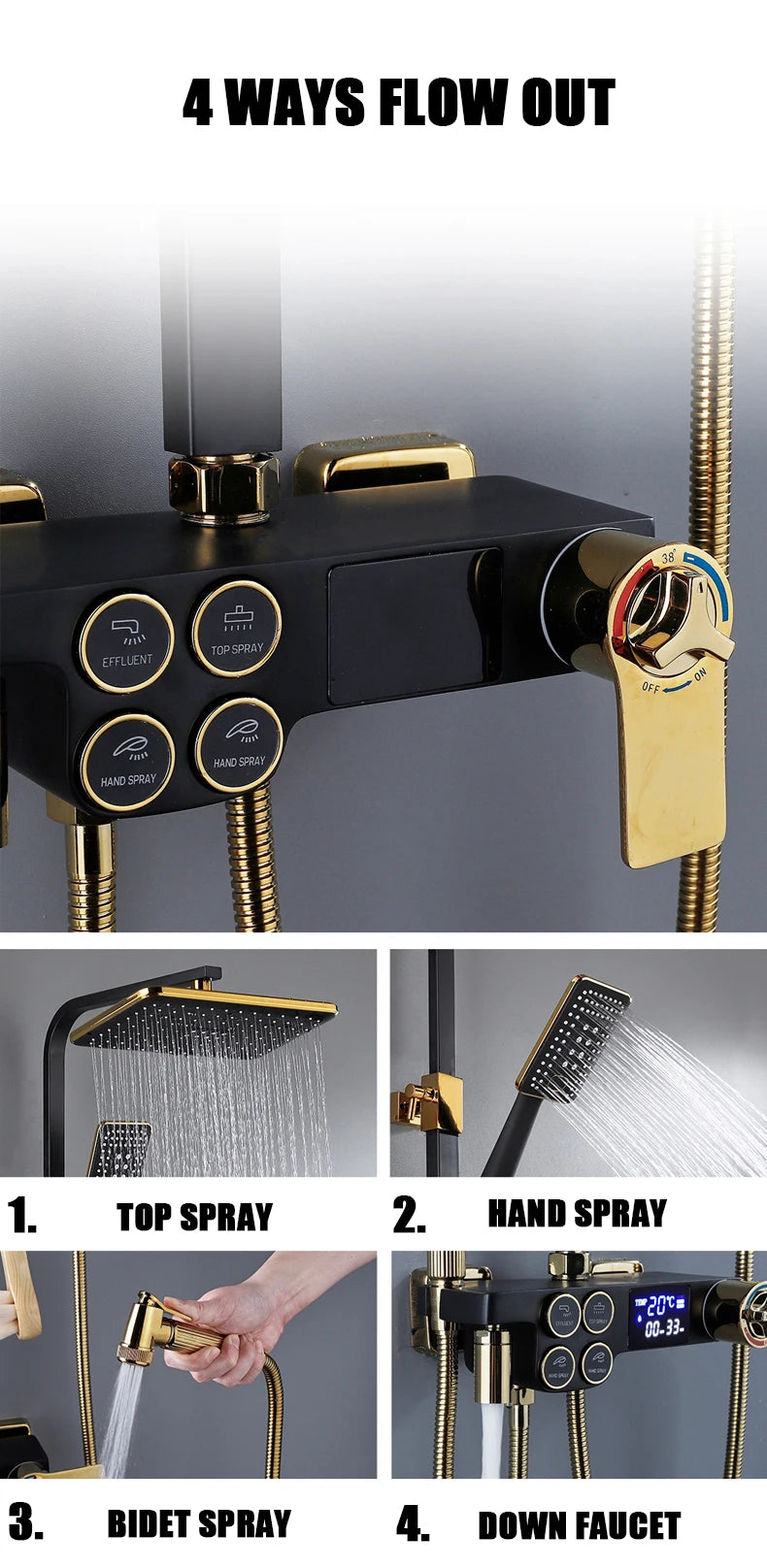 Hot Cold Shower System Bathroom LED Digital Shower Set Wall Mount Smart Thermostatic Bath Faucet Square Head SPA Rainfall Grifo