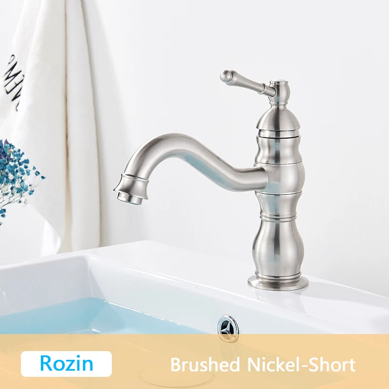 Rozin Antique Brass Basin Faucet 5 Colors Deck Mounted Single Handle Bathroom Crane Long Spout Lavatory Sink Hot Cold Mixer Tap