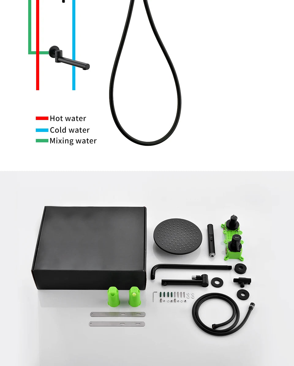 Bagnolux Brass Matte Black Wall Embed Mount 3-Function Concealed Shower System 10 Inch Top Rain Spray Bathroom Faucet