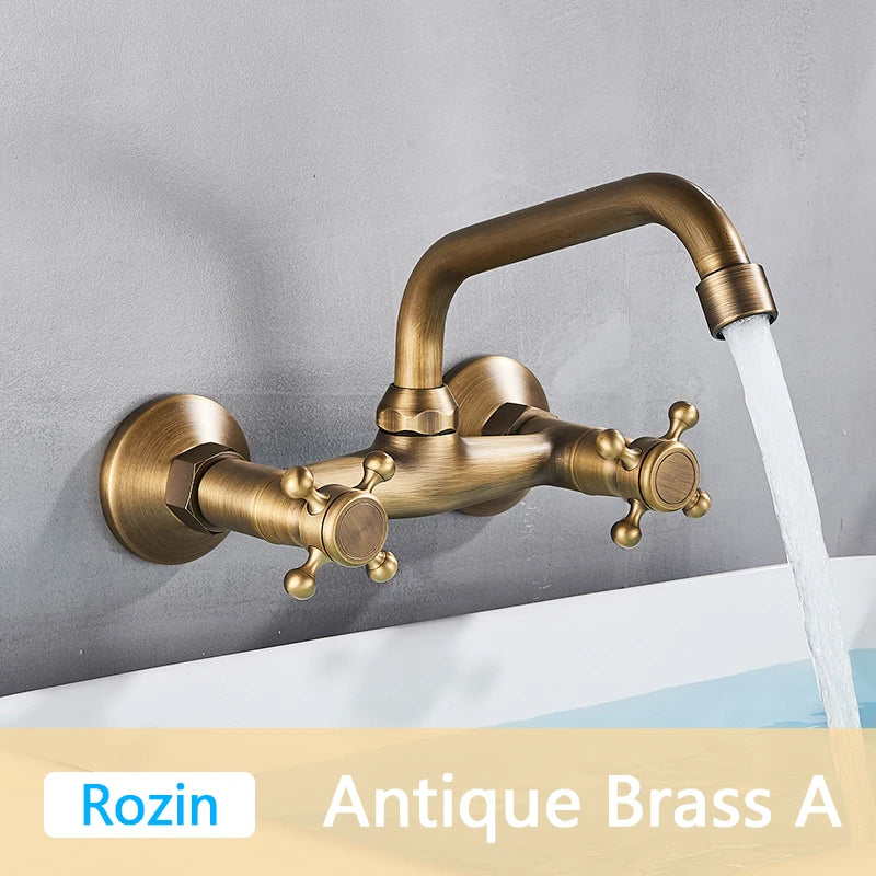 Rozin Black Basin Faucet Wall Mounted Dual Handles Bathroom Faucets Swivel Spout Antique Brass Crane Hot Cold Water Mixer Tap