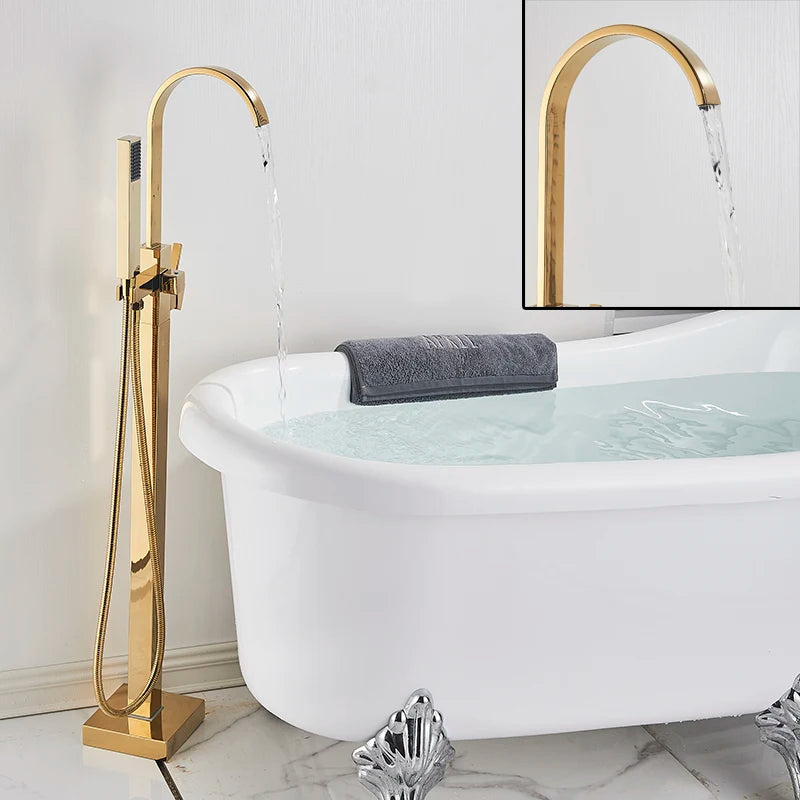 Luxury Gold Bathtub Faucet Freestanding Bathroom Faucet with Handshower Swive Spout Floor Mounted Bath Shower Mixer Tap
