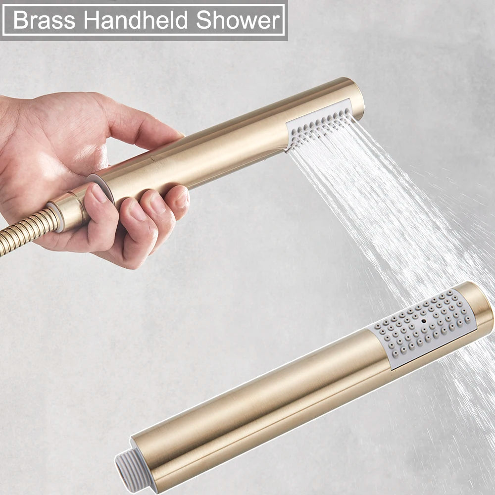 Brushed Gold Shower Faucet Set Round Brass Bathroom Wall Mount Rotate Tub Spout Rainfall Head 3 Ways Mixer Tap