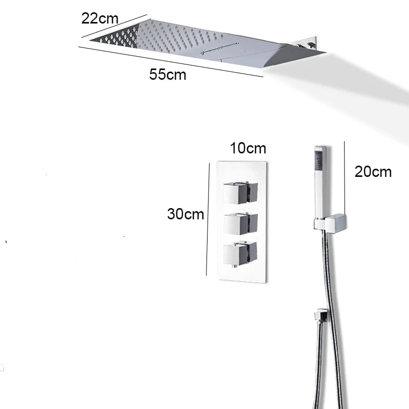 Modern Bathroom Rain Waterfall Shower Set Thermostatic Mixer Bath Shower Mixer Tap Brass Body