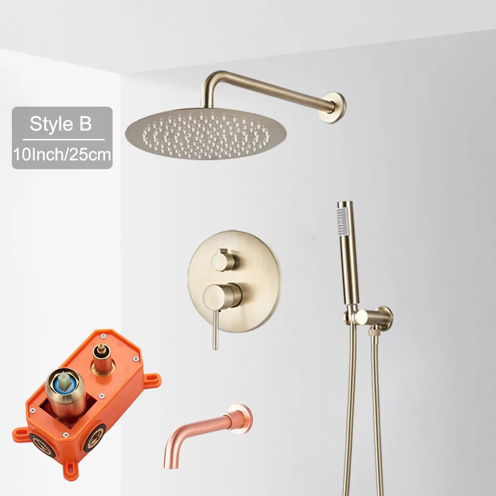Brushed Gold Shower Faucet Set Round Brass Bathroom Wall Mount Rotate Tub Spout Rainfall Head 3 Ways Mixer Tap