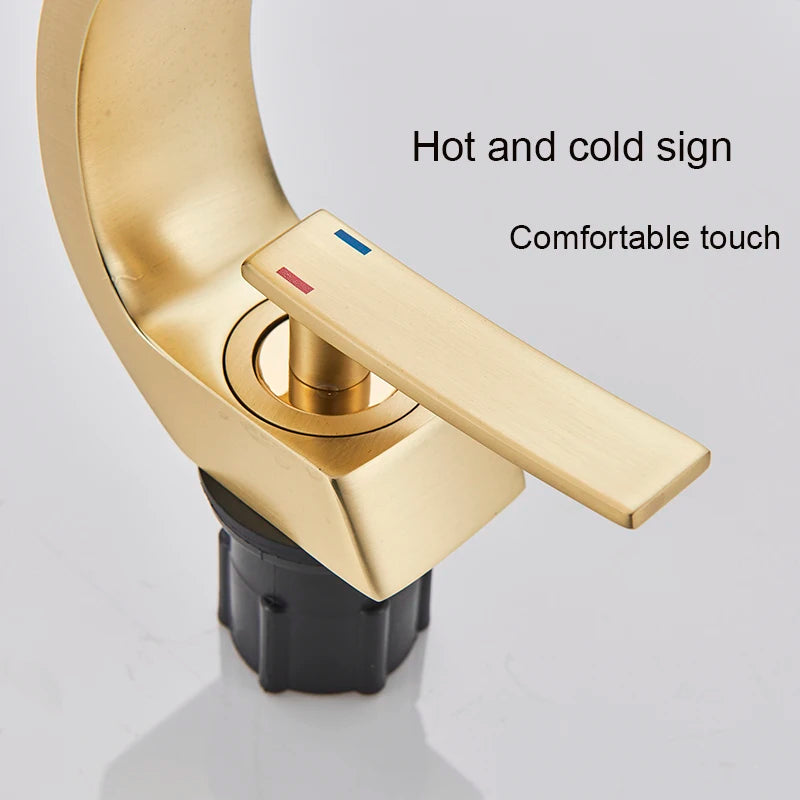MYQualife Creative Design Brushed Gold Basin Faucet Washing Basin Mixer Deck Mounted Cold and Hot Bathroom Faucet