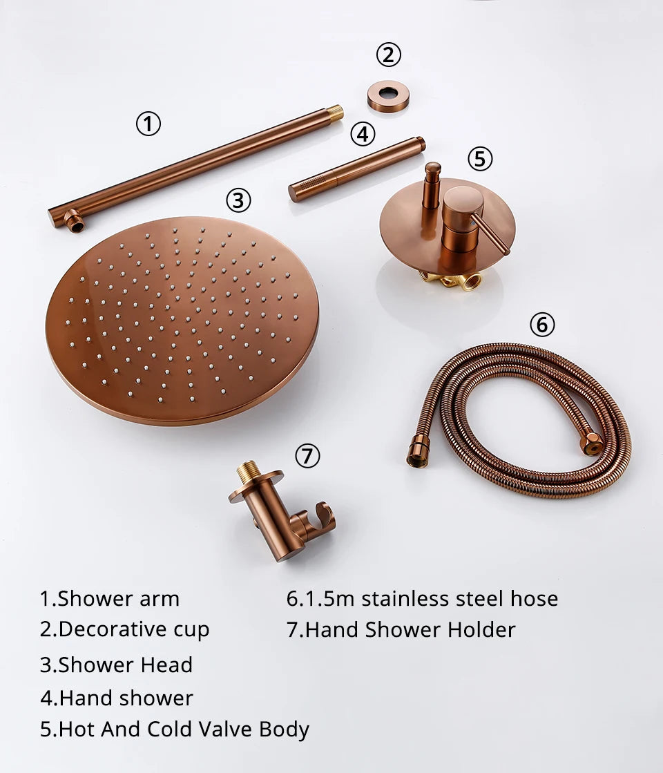 Brushed Rose Gold Shower Sets Brass Hot Cold Bathroom Faucet Mixer Tap Wall Mount Arm With Diverter, Handheld, Rian Shower Head