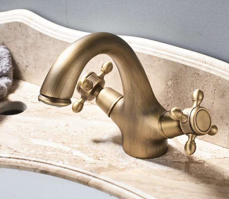 Rozin Dual Handle Basin Vessel Sink Faucet Deck Mounted Antique Brass Bathroom Washing Basin Faucet Hot and Cold Water Mixer Tap
