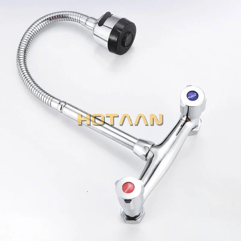 Wall Mounted Kitchen Faucet Hot & Cold Water Mixer Crane Dual Handle Dual Hole Kitchen Sink Tap Copper Chrome Plated YT-6029