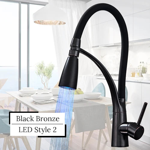 Black LED Kitchen Sink Faucet Swivel Pull Down Kitchen Faucet Sink Tap Mounted Deck Bathroom Mounted Hot and Cold Water Mixer