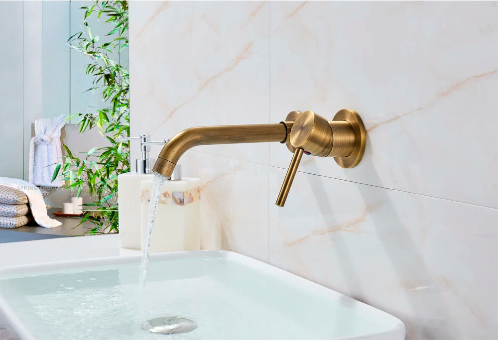 Antique Brass Basin Faucet Single Handle Wall Mounted Bathroom Vessel Sink Mixer Tap 2 Holes Washing Basin Crane Tap