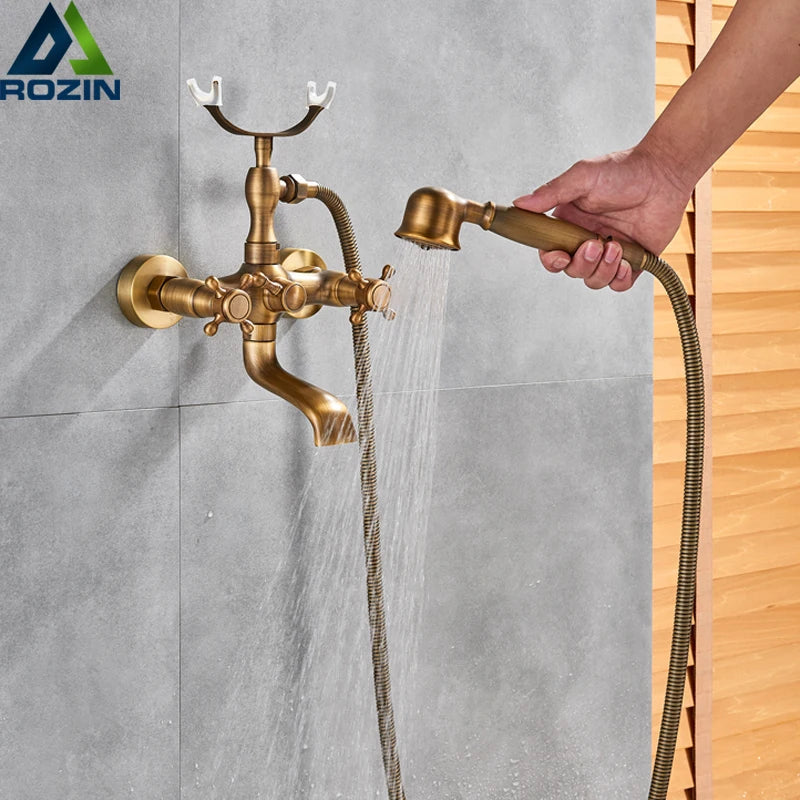 Antique Brass Bathtub Shower Faucet Set Bathroom Dual Handle Wall Mounted Bath Tub Mixer Tap with Handshower and Swivel Spout