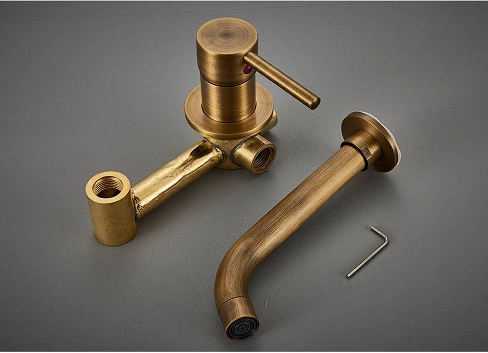 Antique Brass Basin Faucet Single Handle Wall Mounted Bathroom Vessel Sink Mixer Tap 2 Holes Washing Basin Crane Tap