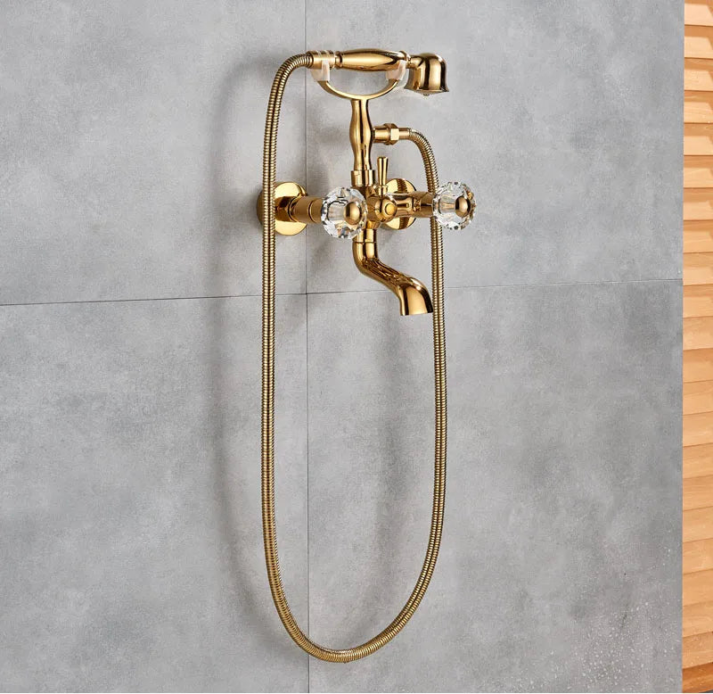 Rozin Retro Style Brass Bathtub Shower Faucet Set Dual Knobs Wall Mounted Bathtub Mixer with Handshower and Swivel Tub Spout Tap