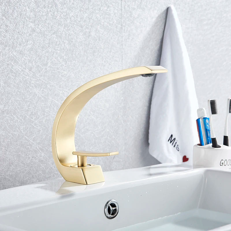 MYQualife Creative Design Brushed Gold Basin Faucet Washing Basin Mixer Deck Mounted Cold and Hot Bathroom Faucet