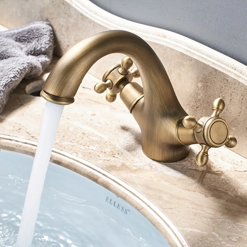 Rozin Dual Handle Basin Vessel Sink Faucet Deck Mounted Antique Brass Bathroom Washing Basin Faucet Hot and Cold Water Mixer Tap