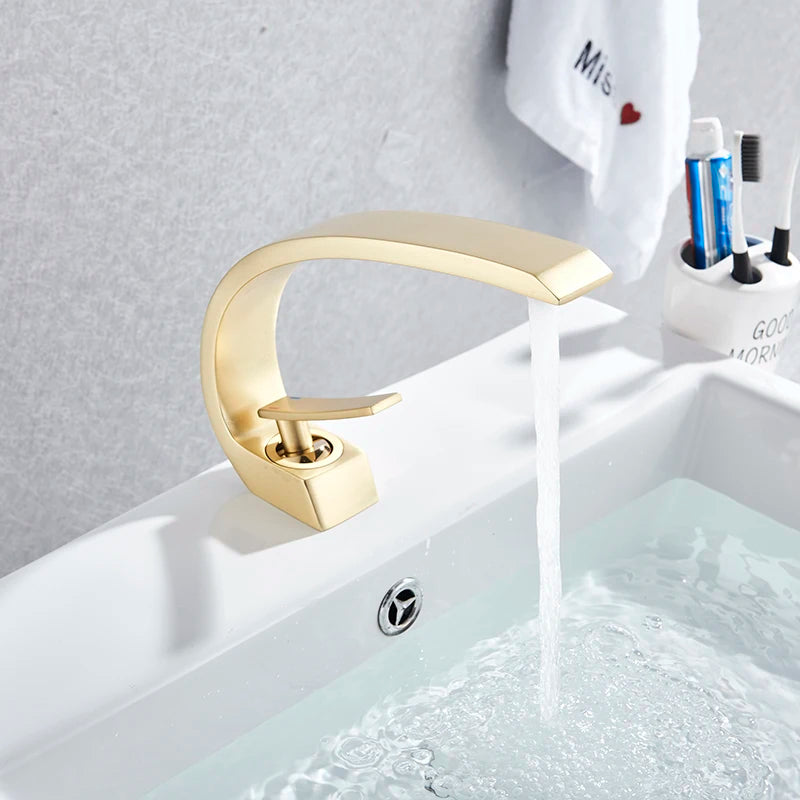 MYQualife Creative Design Brushed Gold Basin Faucet Washing Basin Mixer Deck Mounted Cold and Hot Bathroom Faucet