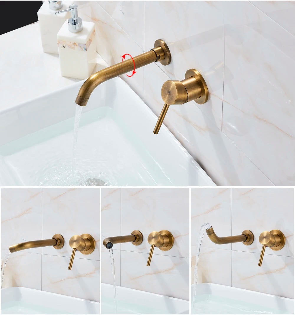 Antique Brass Basin Faucet Single Handle Wall Mounted Bathroom Vessel Sink Mixer Tap 2 Holes Washing Basin Crane Tap