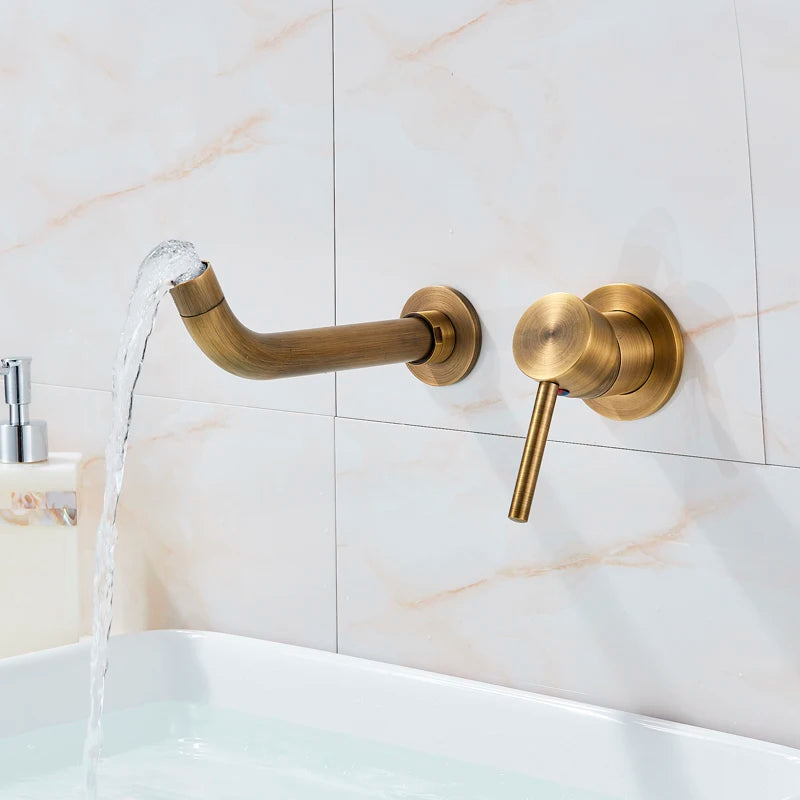 Antique Brass Basin Faucet Single Handle Wall Mounted Bathroom Vessel Sink Mixer Tap 2 Holes Washing Basin Crane Tap