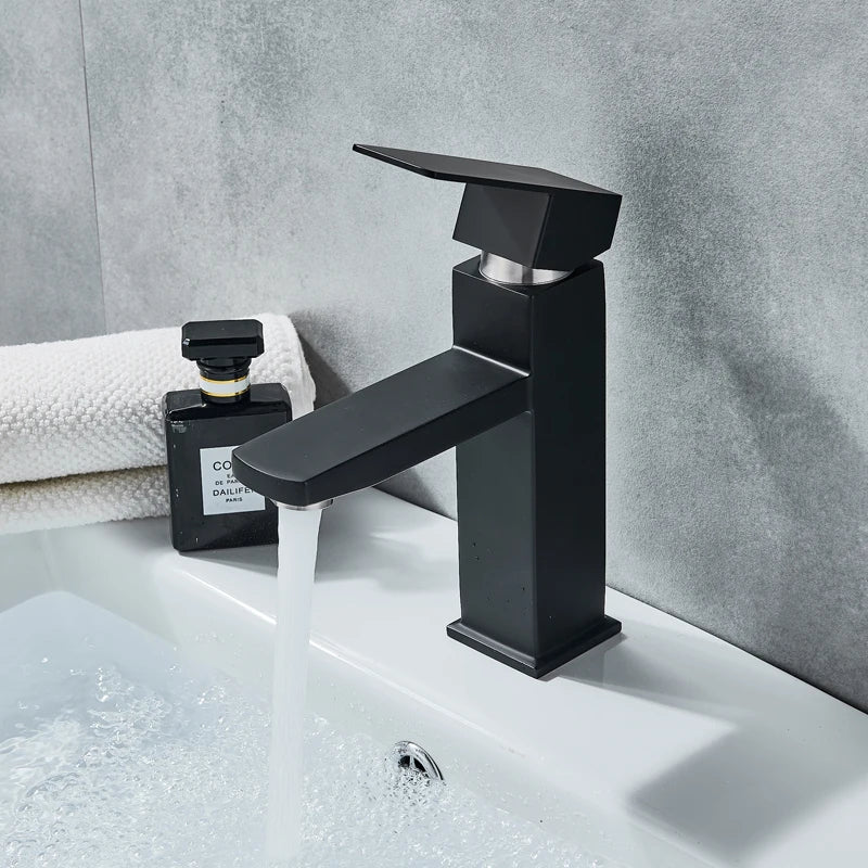 Black Deck Mounted Bathroom Basin Mixer Tap Square Single Handle Basin Vessel Sink Faucet Hot Cold Water Faucet for Basin