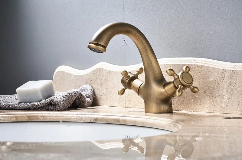 Rozin Dual Handle Basin Vessel Sink Faucet Deck Mounted Antique Brass Bathroom Washing Basin Faucet Hot and Cold Water Mixer Tap