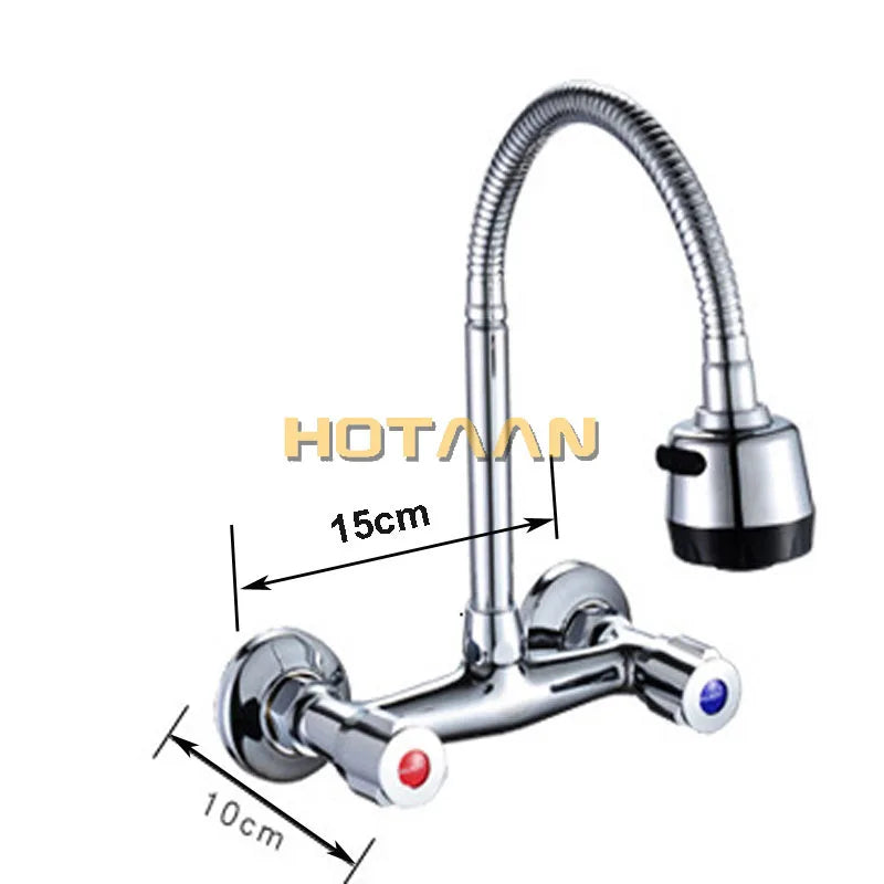 Wall Mounted Kitchen Faucet Hot & Cold Water Mixer Crane Dual Handle Dual Hole Kitchen Sink Tap Copper Chrome Plated YT-6029
