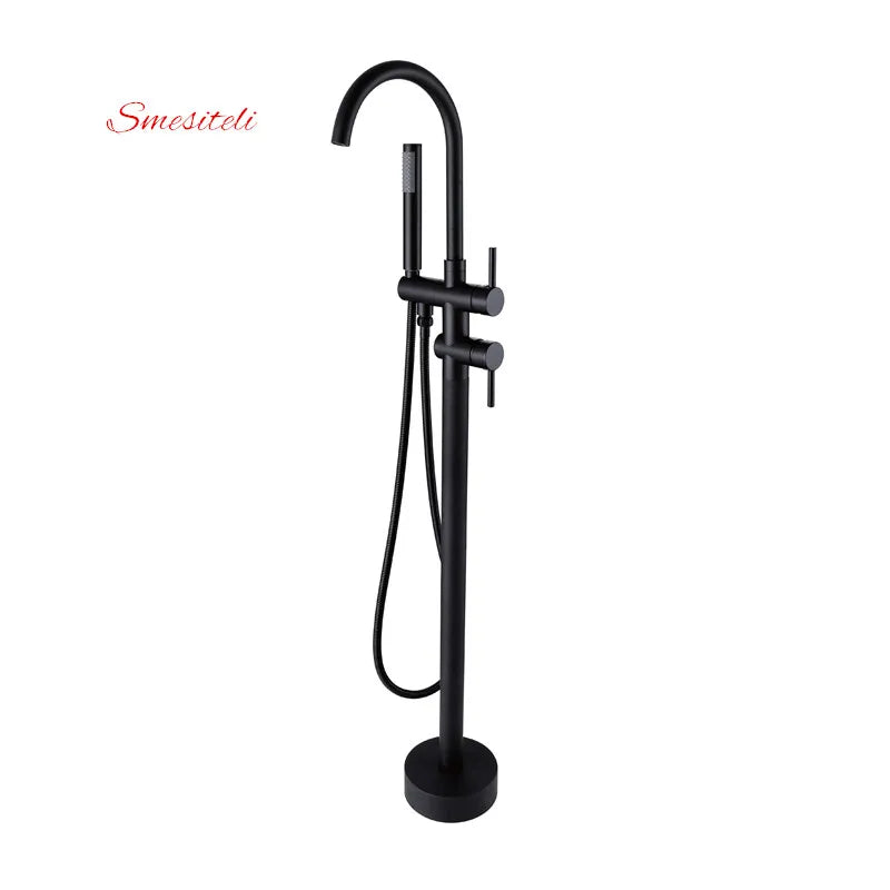 Matte Black Freestanding Bathtub Faucet 2 Ways Spout & Hand Shower Diverter Floor Mounted Bathtub Mixer Hot & Cold Bathroom Tap