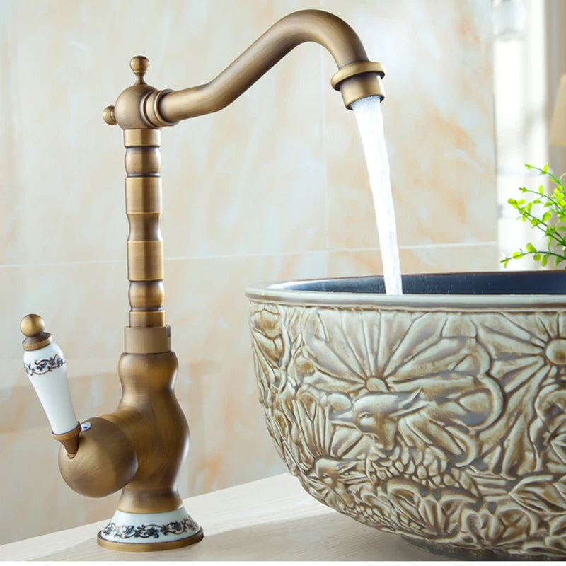 Quyanre Black Bronze Retro Antique Brass Basin Faucet Single Handle Mixer Tap 360 Rotation Kitchen Faucet Kitchen Mixer Taps