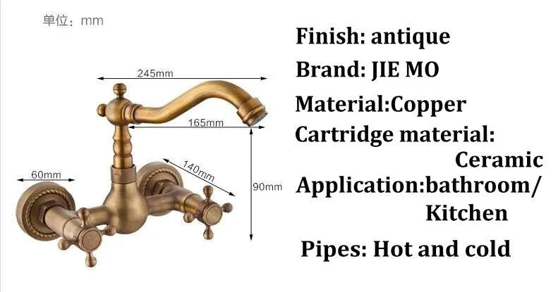 Antique brass ceramic into the wall faucet bathroom washbasin basin wall mount double handle cold and hot water faucet