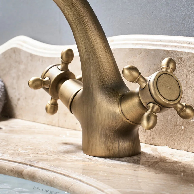 Rozin Dual Handle Basin Vessel Sink Faucet Deck Mounted Antique Brass Bathroom Washing Basin Faucet Hot and Cold Water Mixer Tap