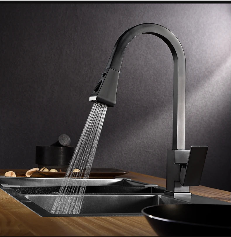 Kitchen Faucets Silver Pull Out Tap Single Hole Handle Solid Brass Black Swivel 360 Degree Water Mixer 866399R