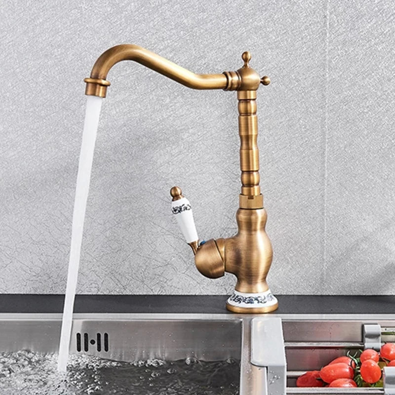 Antique Brass Ceramic Handle Basin Faucet Antique Rotatble Bathroom Faucet Kitchen Faucet Hot Cold Mixer Crane Kitchen Faucet