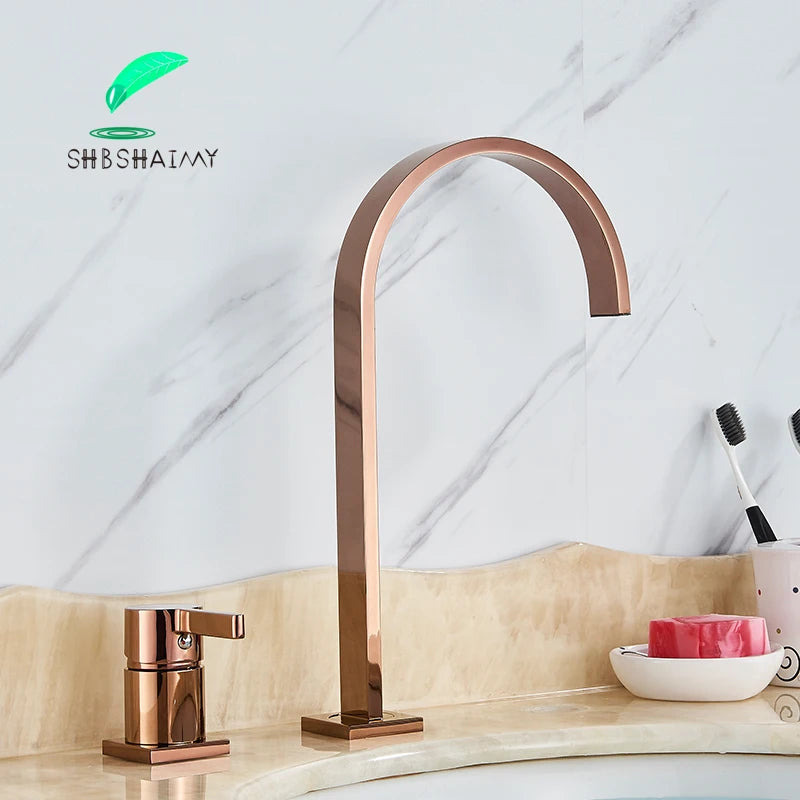 SHBSHAIMY Brushed Golden Basin Faucet Single Handle Widespread Sink Faucet Bathroom Mixer Tap Wide Spout Vessel Hot Cold Water