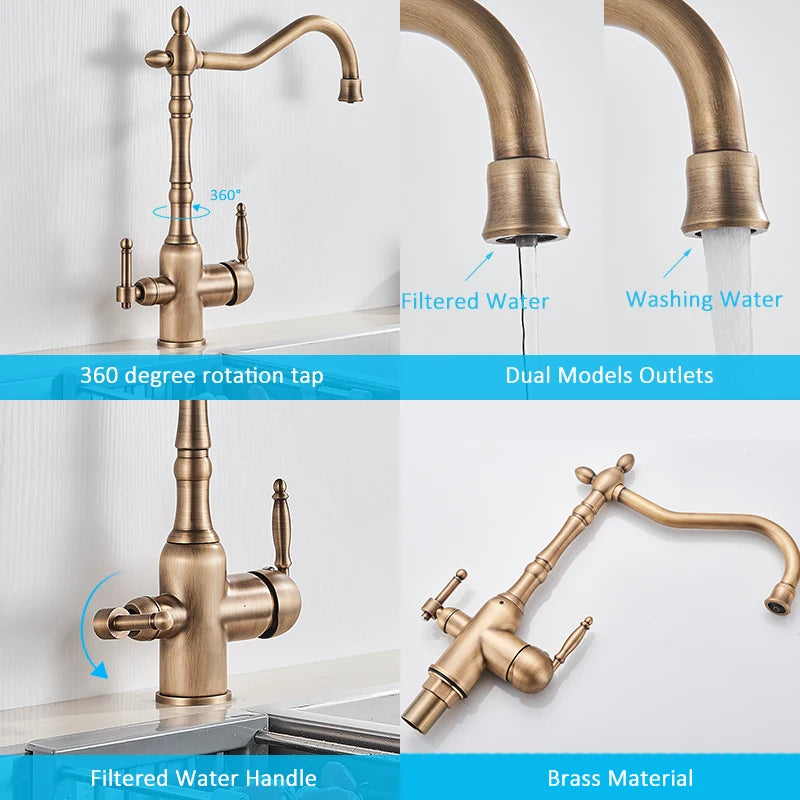 Antique Brass Filtered Kitchen Faucet Purify Faucets Mixer Tap Hot Cold Water 360 Rotation Water Purification Water Crane Tap