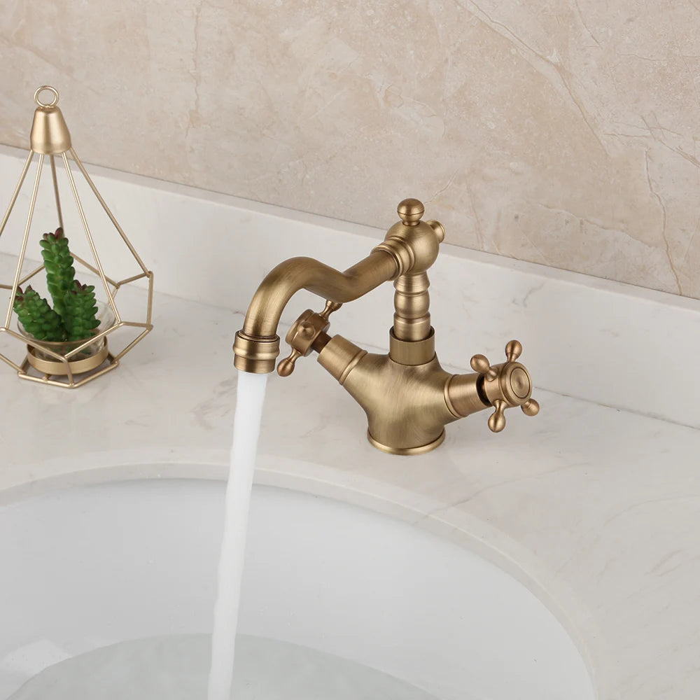 ZAPPO Antique Brass Bathroom Sink Mixer Faucet Dual Handle Hot and Cold Water Mixer Tap with 360 Swivel Spout Taps Deck Mounted