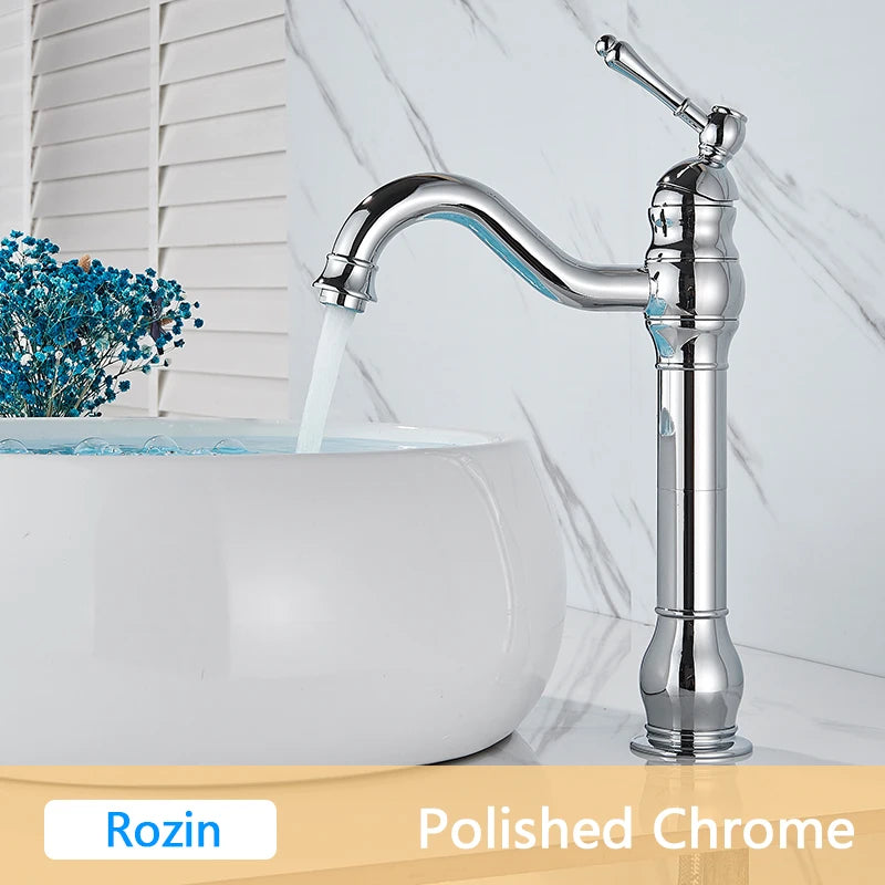 Rozin Antique Brass Basin Faucet 5 Colors Deck Mounted Single Handle Bathroom Crane Long Spout Lavatory Sink Hot Cold Mixer Tap