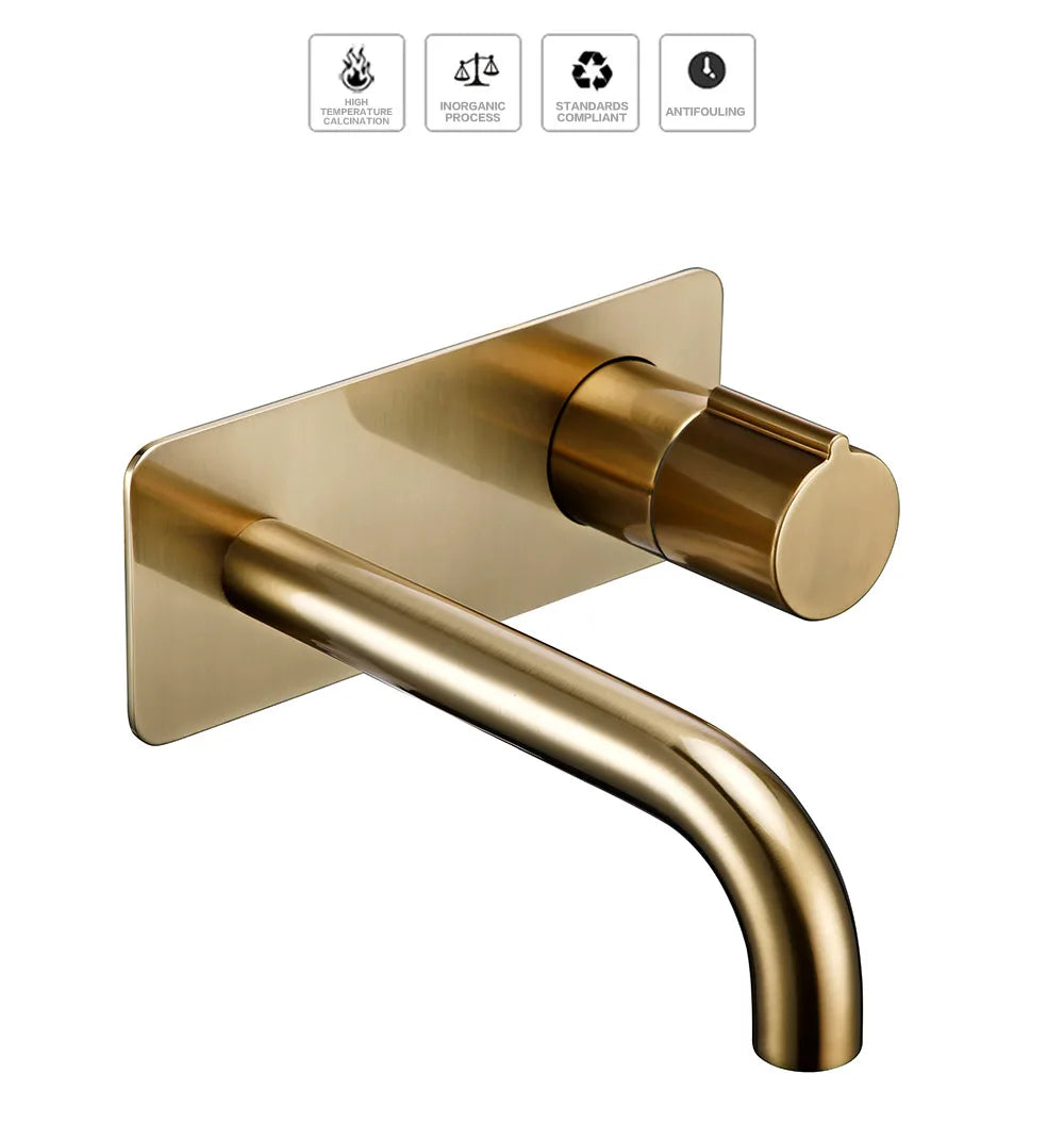 Smesiteli Bathroom Vanity Sink Faucet With Cover Plate Hot And Cold Wall-Mount Mixer Tap In Brushed Gold Taps With Knob
