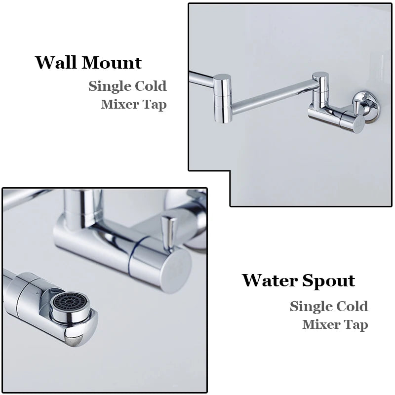 Brushed Gold Kitchen Faucet Wall Mount Bathroom Basin Faucet Cold Water Washing Tap Rotate Folding Spout Brass Vanity Sink Crane