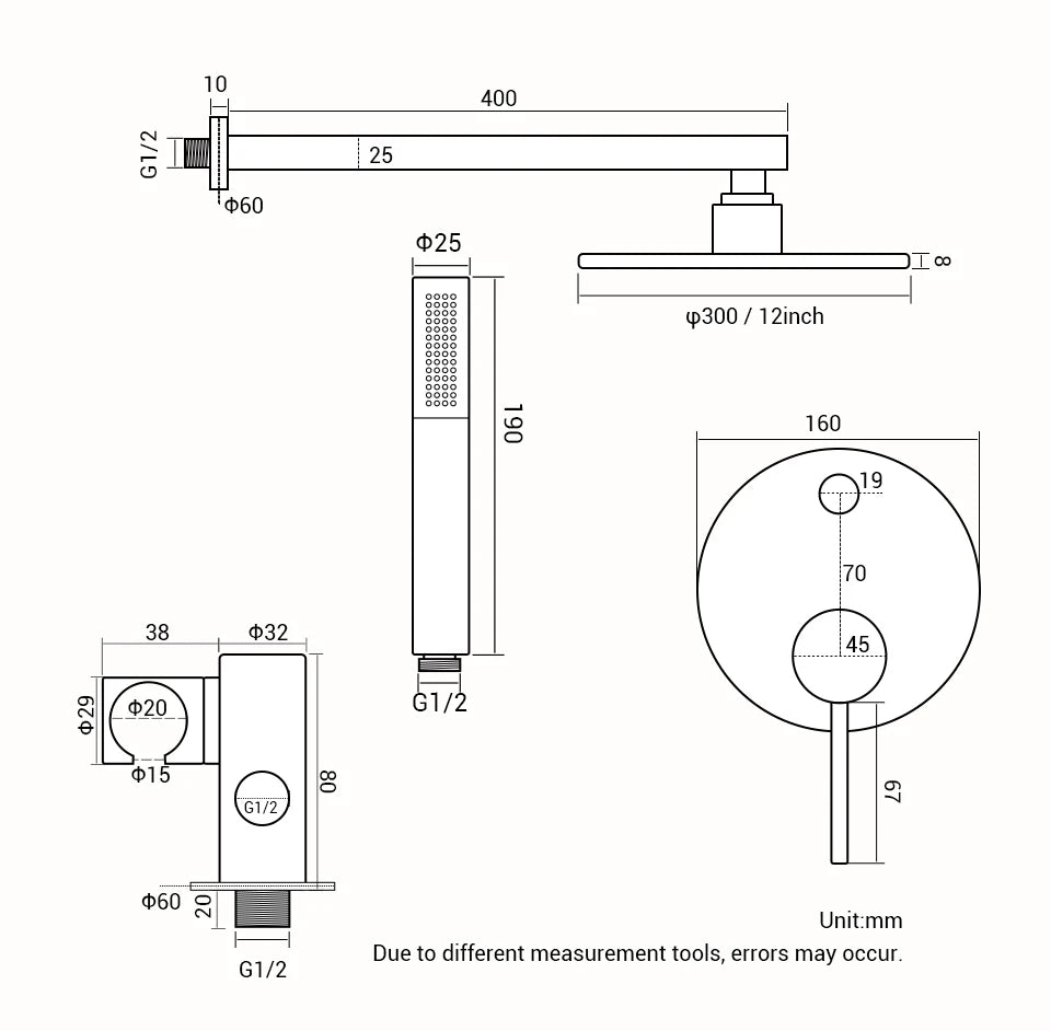 Shower Set Bath Brushed Rose Gold Rainfall Bathroom Faucet Brass Diverter Mixer Tap Hand Held 8-12" Head Wall Arm Valve Kit
