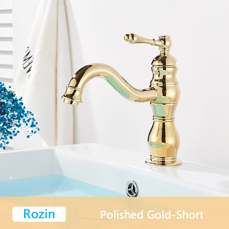 Rozin Antique Brass Basin Faucet 5 Colors Deck Mounted Single Handle Bathroom Crane Long Spout Lavatory Sink Hot Cold Mixer Tap