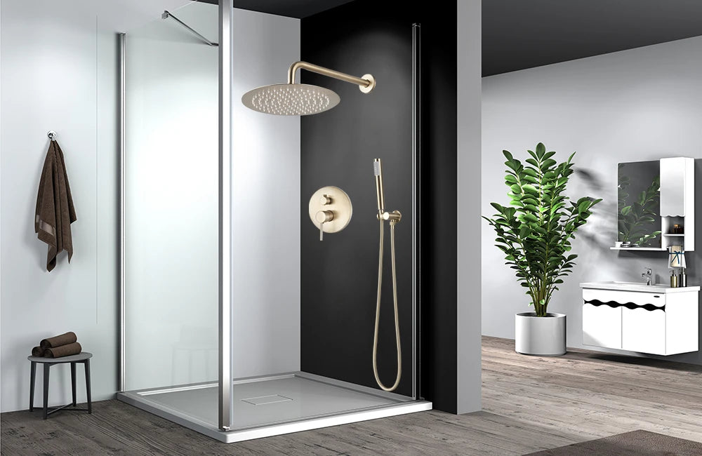 Brushed Gold Shower Faucet Set Round Brass Bathroom Wall Mount Rotate Tub Spout Rainfall Head 3 Ways Mixer Tap
