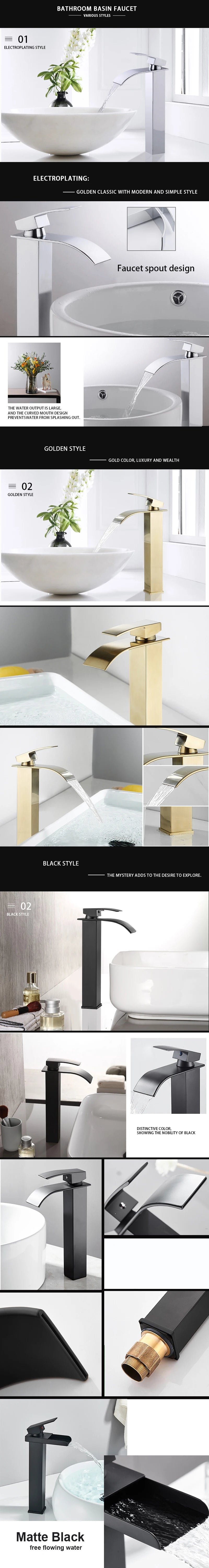 Matte Black Basin Faucet Waterfall Washbasin Vanity Above Counter Sink Faucet Hot & Cold Mixer Tap Deck Mounted Bathroom Crane