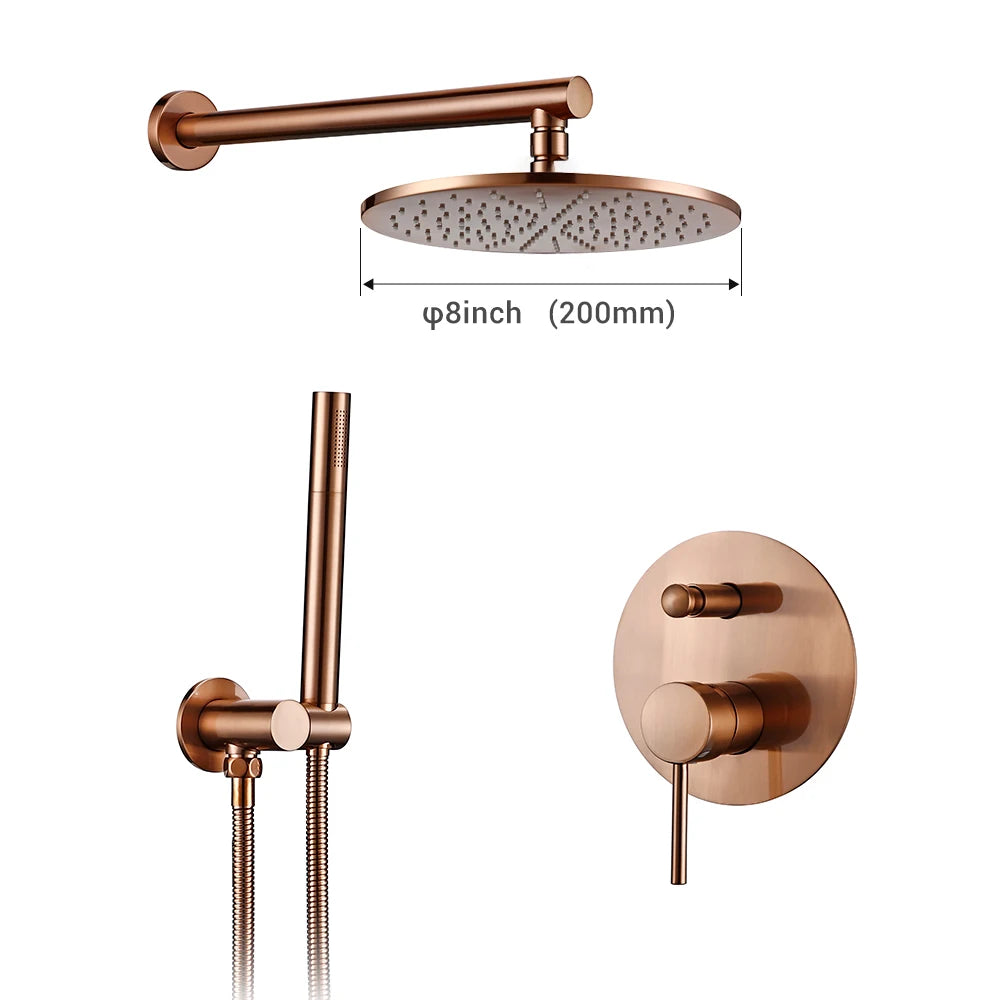 Brushed Rose Gold Shower Sets Brass Hot Cold Bathroom Faucet Mixer Tap Wall Mount Arm With Diverter, Handheld, Rian Shower Head