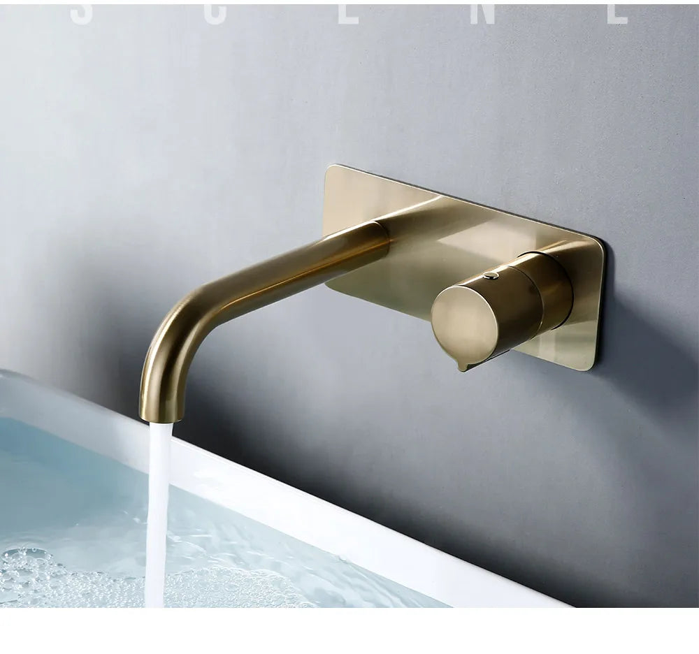 Smesiteli Bathroom Vanity Sink Faucet With Cover Plate Hot And Cold Wall-Mount Mixer Tap In Brushed Gold Taps With Knob