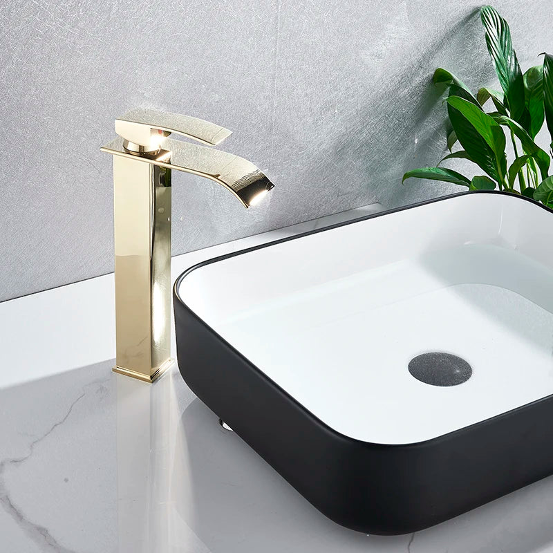 Matte Black Basin Faucet Waterfall Washbasin Vanity Above Counter Sink Faucet Hot & Cold Mixer Tap Deck Mounted Bathroom Crane
