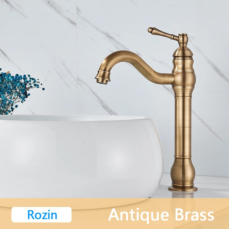 Rozin Antique Brass Basin Faucet 5 Colors Deck Mounted Single Handle Bathroom Crane Long Spout Lavatory Sink Hot Cold Mixer Tap