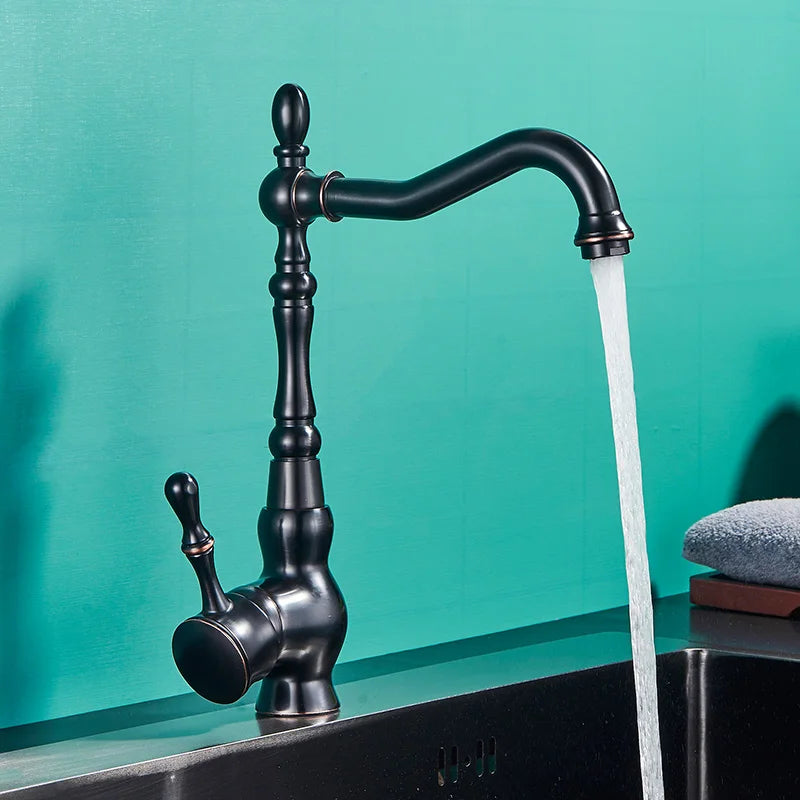 Quyanre Black Bronze Retro Antique Brass Basin Faucet Single Handle Mixer Tap 360 Rotation Kitchen Faucet Kitchen Mixer Taps