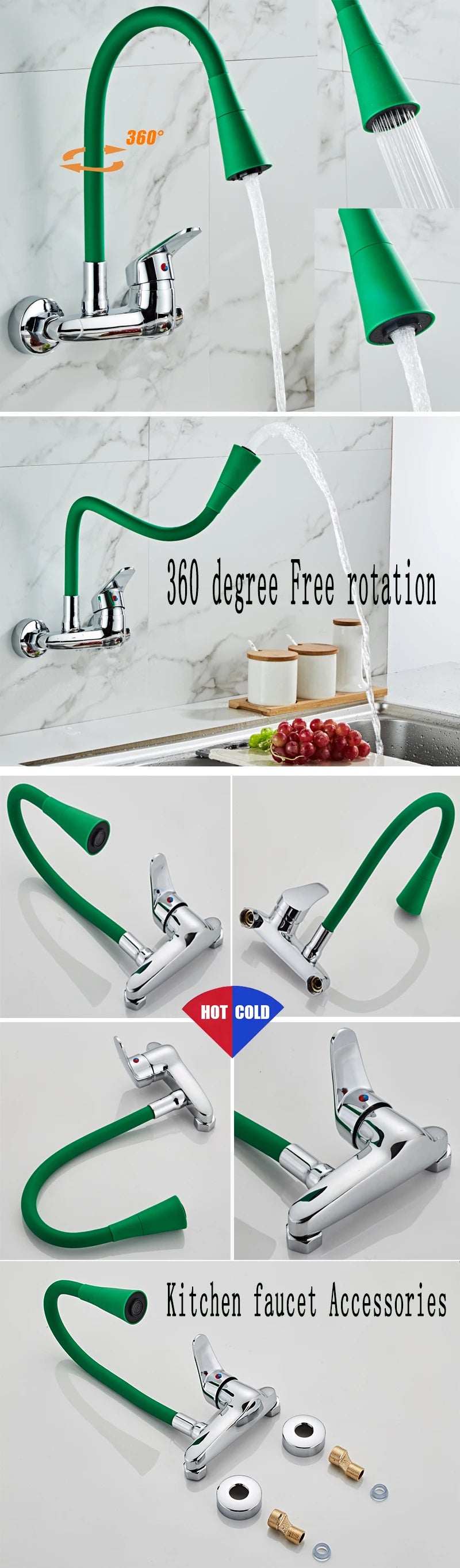 BAKALA RED color Wall Mounted Kitchen Faucet Wall Kitchen Mixers Kitchen Sink Tap 360 Degree Swivel Flexible Hose Double Holes