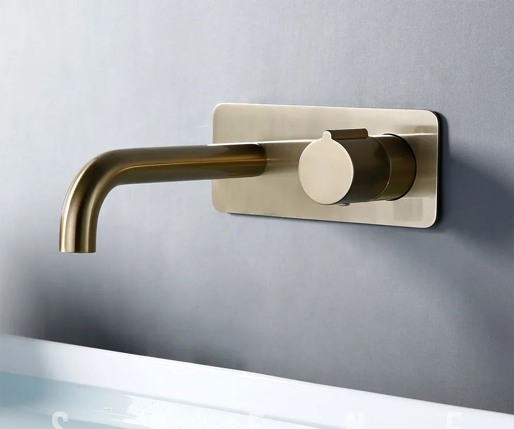 Smesiteli Bathroom Vanity Sink Faucet With Cover Plate Hot And Cold Wall-Mount Mixer Tap In Brushed Gold Taps With Knob